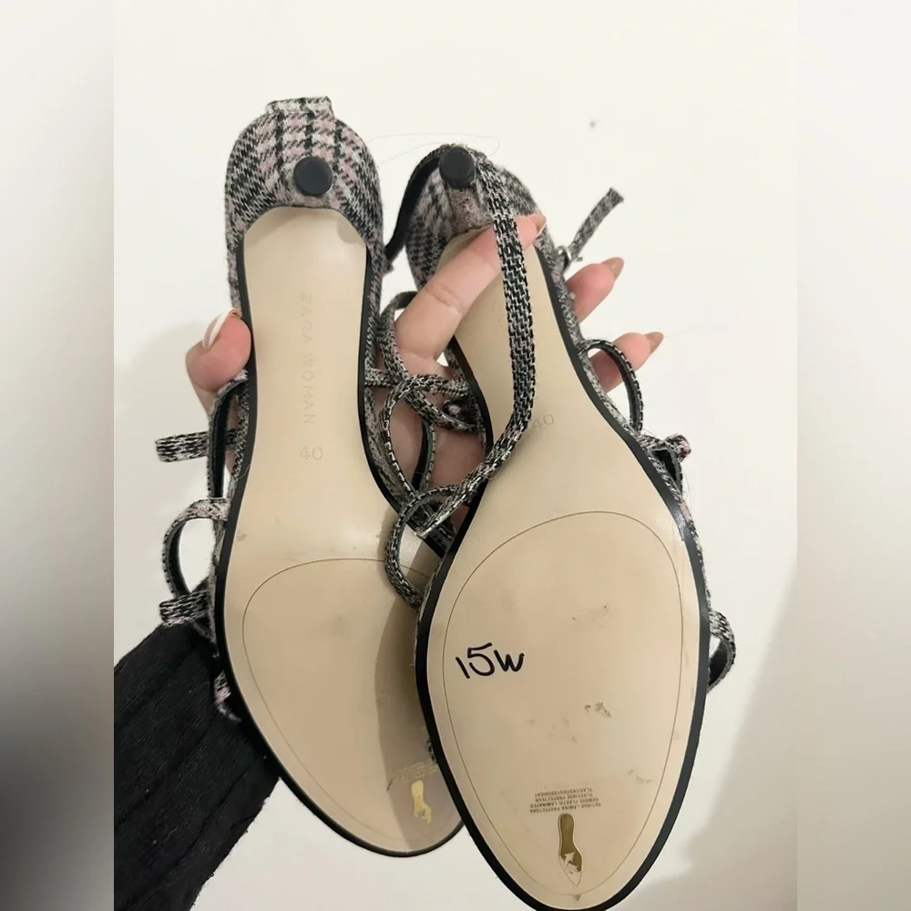 ZARA Fashion Checked Purple Black Pearl Heels size 40 bows preppy 9.5